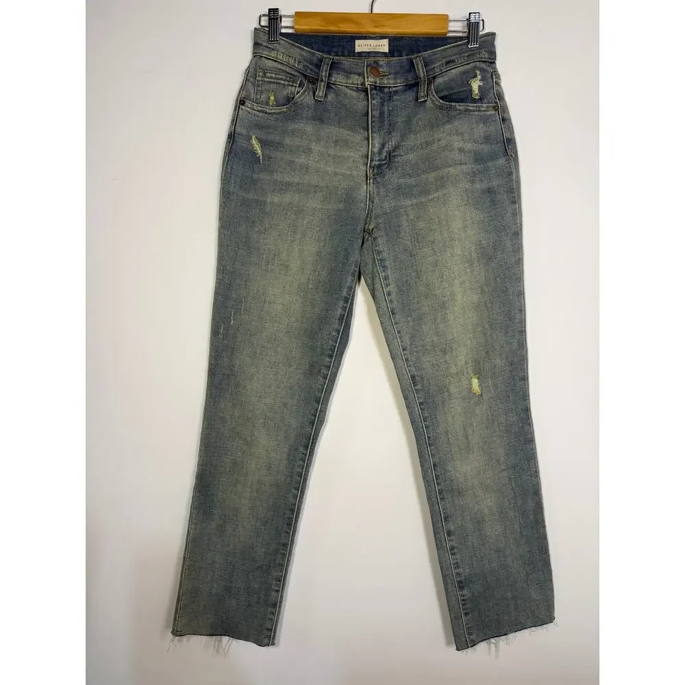 Oliver Logan Womens 4/27 Jeans Crosby Relaxed Taper Raw Hem Distressed Size 25 - Picture 2 of 8
